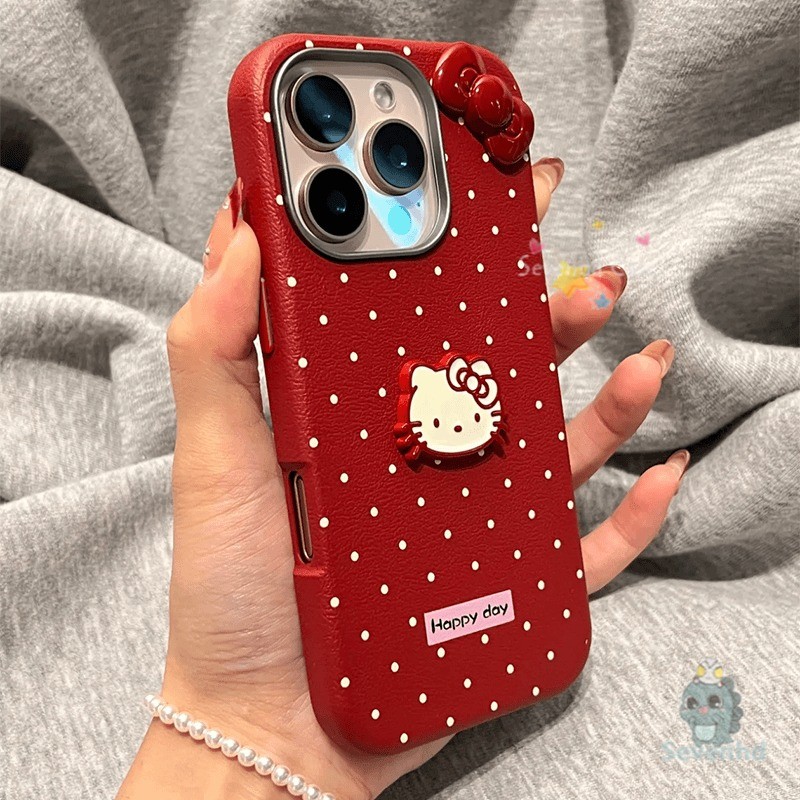 ปลอกคิตตี้น่ารักสําหรับ iPhone 13 16 7Plus 11 14 15 12 Pro Max XR X XS Max  8 6 6s Plus Case INS แฟชั่นเกาหลีน่ารักJelly Dotเคสโทรศัพท์ + 3D Red Bowตุ๊กตากันกระแทกฝาหลังป้องกัน