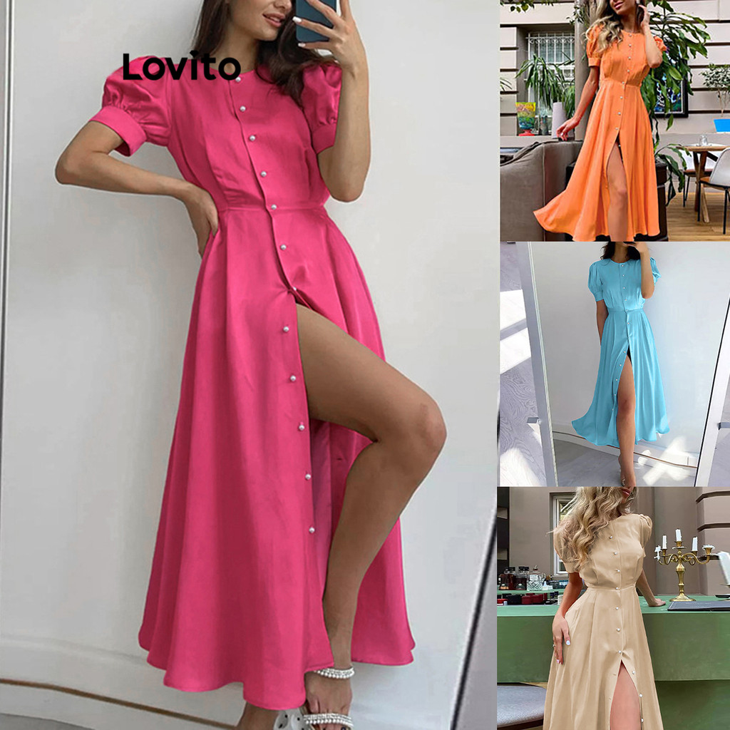Lovito ชุดเดรสผู้หญิง แขนพอง ผ่าหน้า สีพื้น สไตล์ลำลอง LNE27187 (หลากสี)
