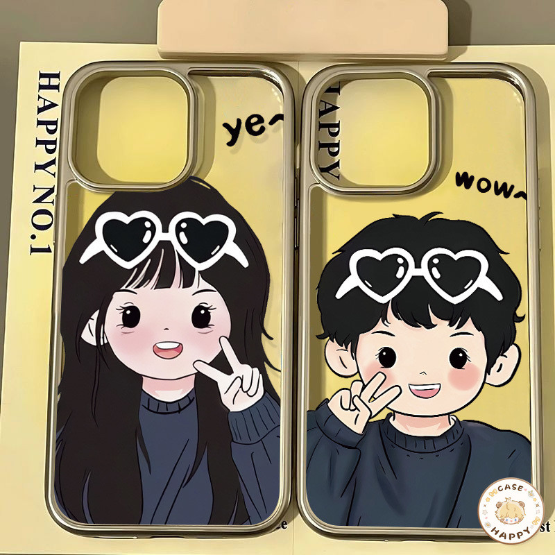 เคสไอโฟน 15 11 สำหรับ iPhone 16 13 12 14 Pro Max 7 8 16 Plus XR XS X MAX SE 2020 คู่รักที่น่ารักเด็กสาวรักแว่นกันแดดหัวใ