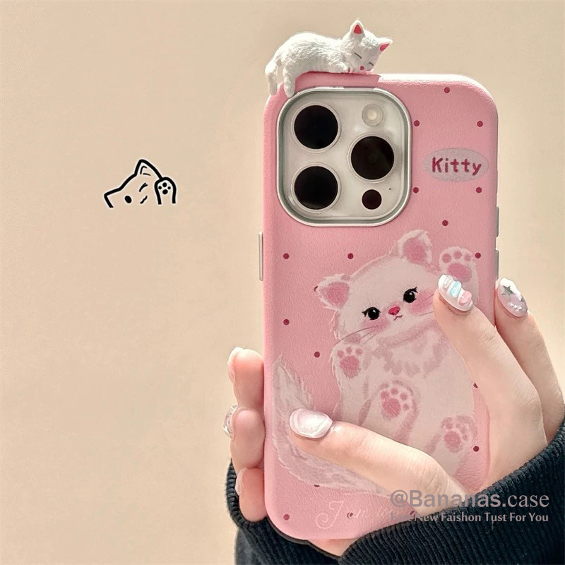 Iphone 16 15 14 13 12 11 Pro Max X Xr Xs Max เคสโทรศัพท์ Ins น่ารัก 3D DIY น่ารักสีชมพูเจ้าหญิงแมวนุ่มปกหลังหนัง