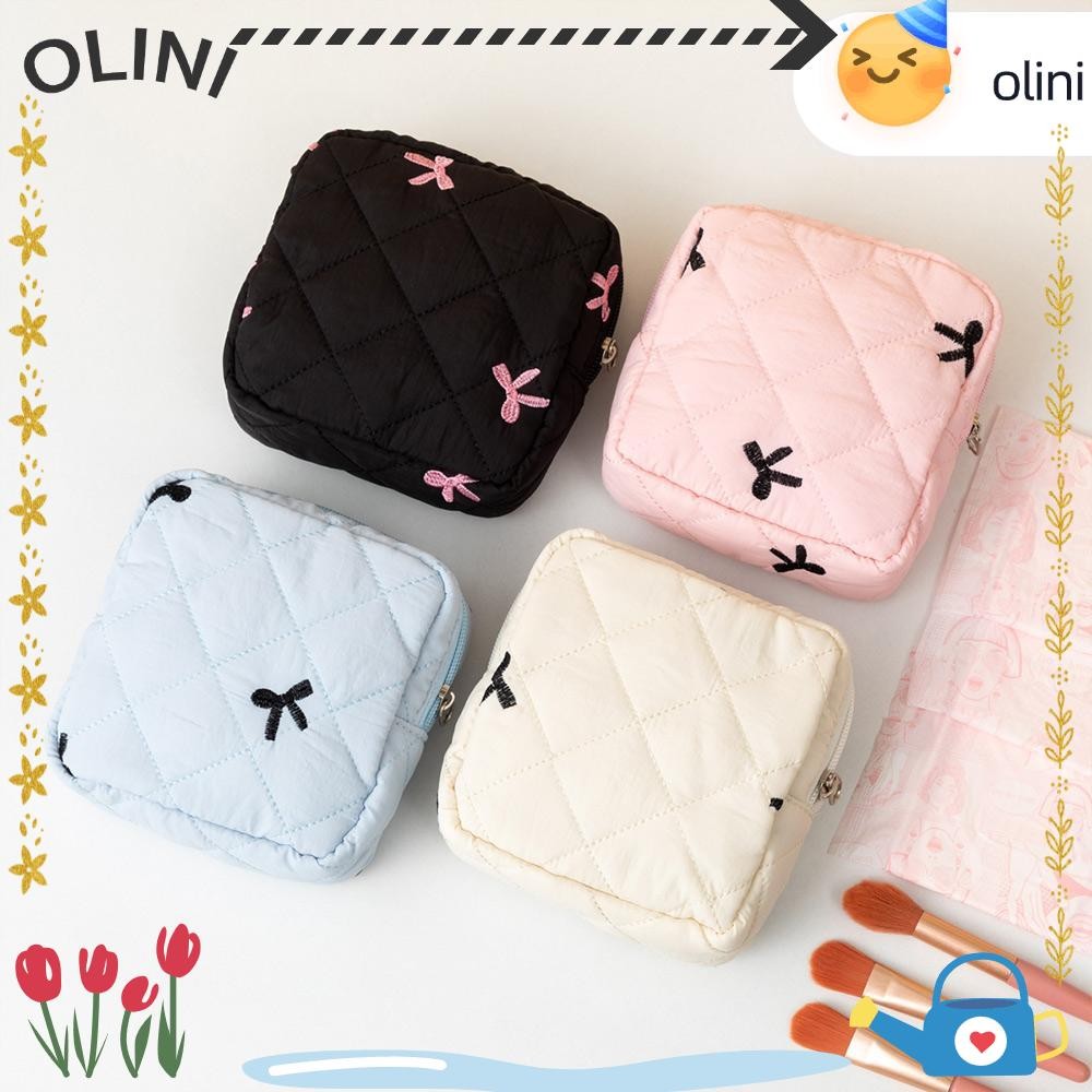 Oliini กระเป๋าแต่งหน้าขนาดเล็ก, Quilted Bow ผ้าอนามัย Organizer กระเป๋า, ของขวัญ Coquette ผ้าฝ้ายพวงกุญแจหูฟังกระเป๋าใส่เหรียญ
