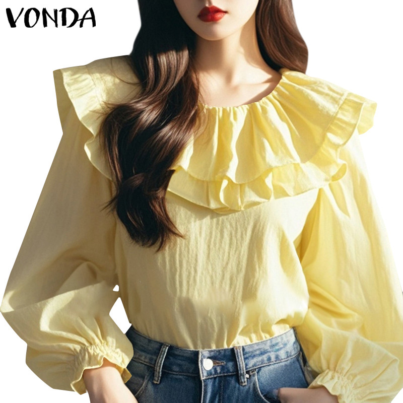Vonda ผู้หญิงเกาหลีลําลองคอกลมแขนยาวสีทึบเสื้อ Ruffles