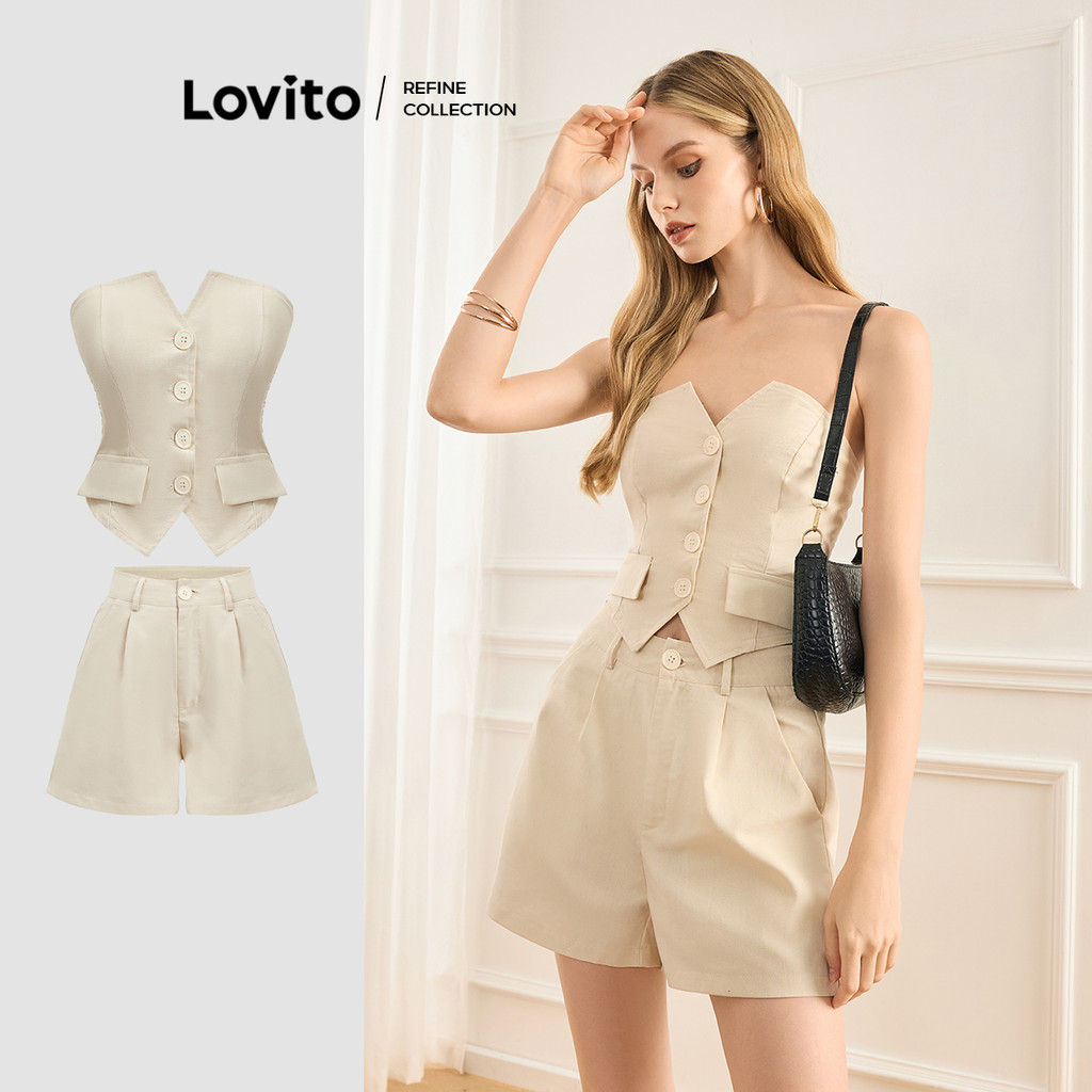 (Lovito Refine) ชุดกางเกงขาสั้นแบบลำลองสำหรับผู้หญิง L119AD118