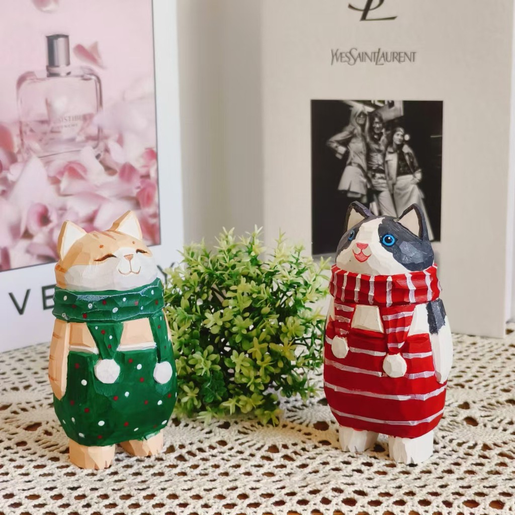 Dreamerhouse ไม้แกะสลักแมว Handmade เครื่องประดับขนาดเล็กตุ๊กตาไม้แกะสลัก Series การ์ตูนโต๊ะตกแต่งสนุก