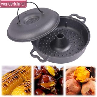 ♚WM♚ 2 in 1  Dutch Oven  Cast Iron Roaster with Lid 22/25/28CM Roasted Sweet Potato pan  for Picnic Camping Patio