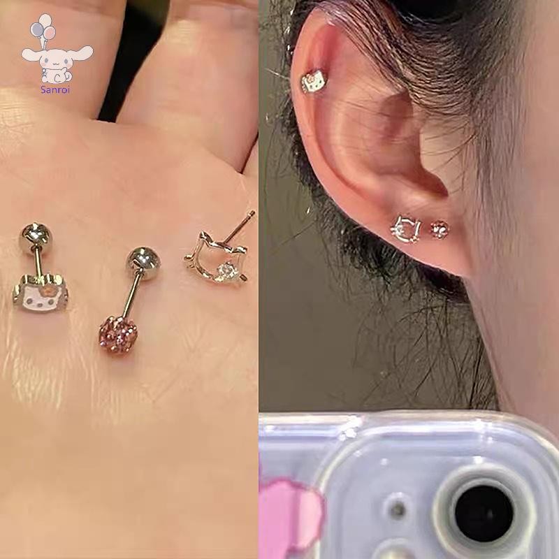[San] 3 ชิ้น Sanrio Hello Kitty การ์ตูน Earings Kawaii แมวน่ารักต่างหูสําหรับผู้หญิงสาวกระดุมเล็กตลกเครื่องประดับอุปกรณ์เสริมของขวัญ POP