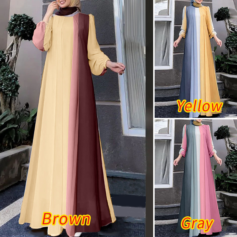 Zanzea ผู้หญิงมุสลิมลูกเรือคอ Contrast สีจีบแขนโคมไฟ Elasticized Cuffs Dresses