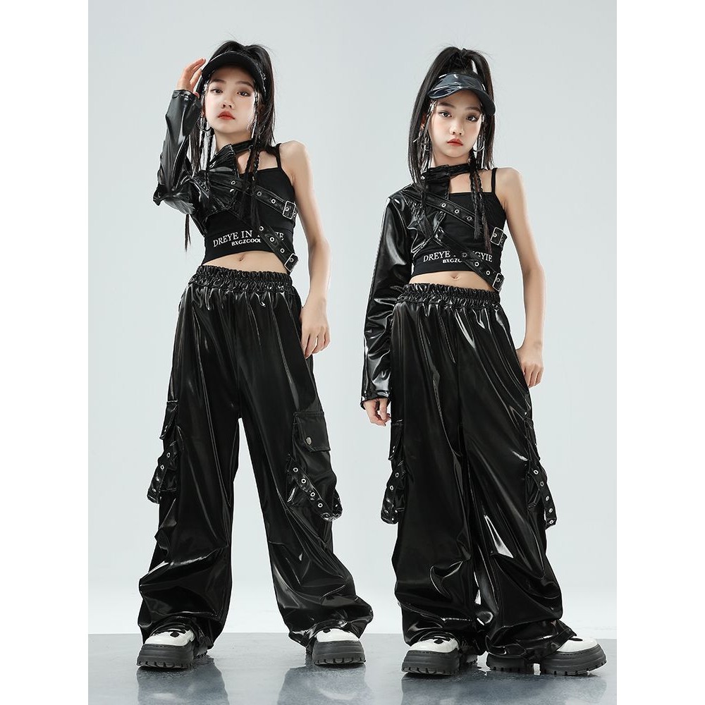 ชุด hip hop เด็ก/ชุด cover dance เด็ก/เด็กแจ๊สเต้นรําเครื่องแต่งกายชุดหนังเดี่ยวตัดกลางกลางแจ๊สถนนเต