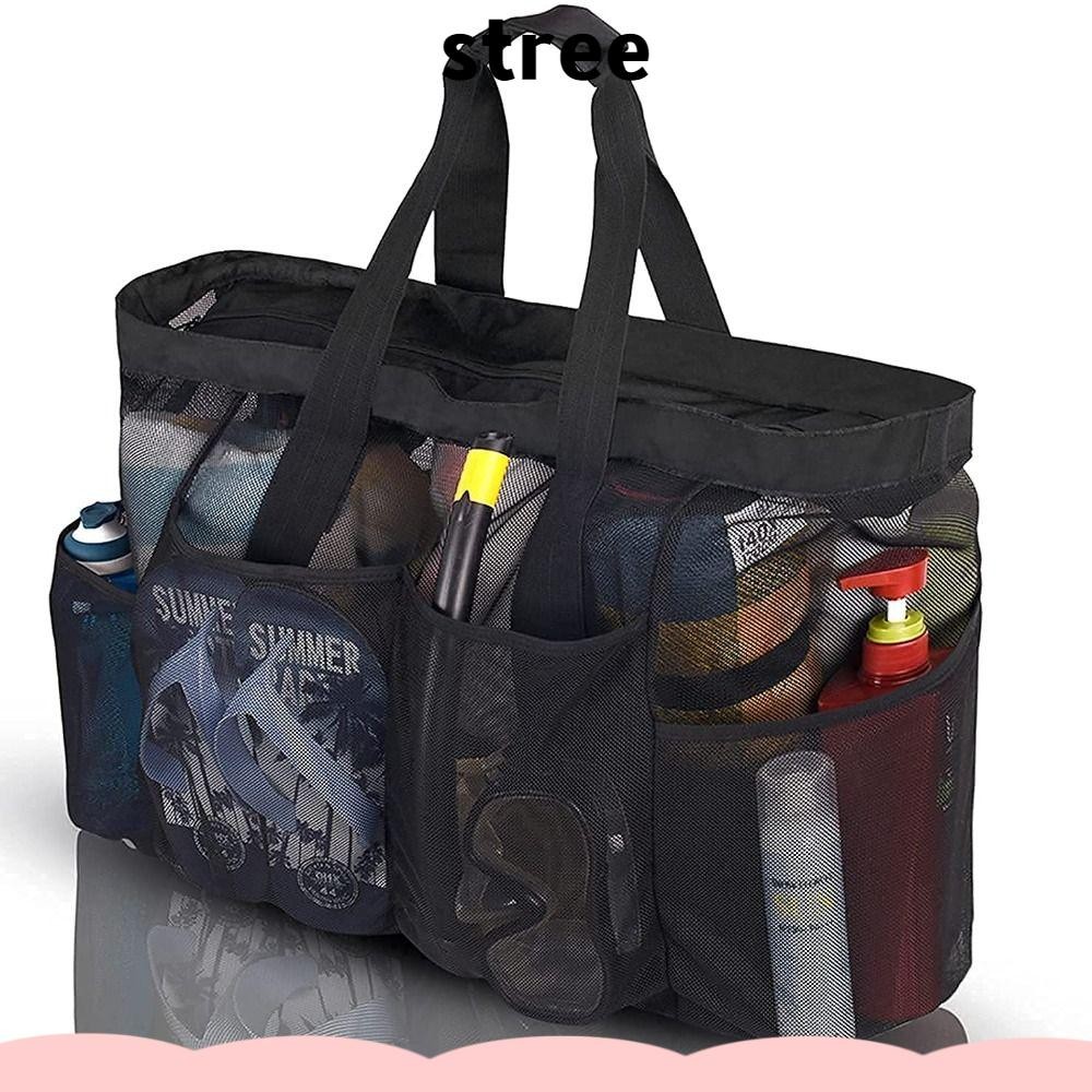 Stree Travel Tote Bag,กระเป๋าชายหาดฤดูร้อนแบบพับได้สีดํา,ตาข่ายขนาดใหญ่พิเศษที่ทนทานพร้อมซิปและกระเป๋าถุงเก็บช้อปปิ้ง