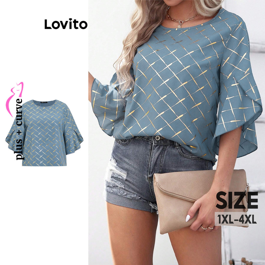 Lovito เสื้อ ระบายลายเรขาคณิตหรูหราเส้นโค้งขนาดบวกบวกสำหรับผู้หญิง LBL16128