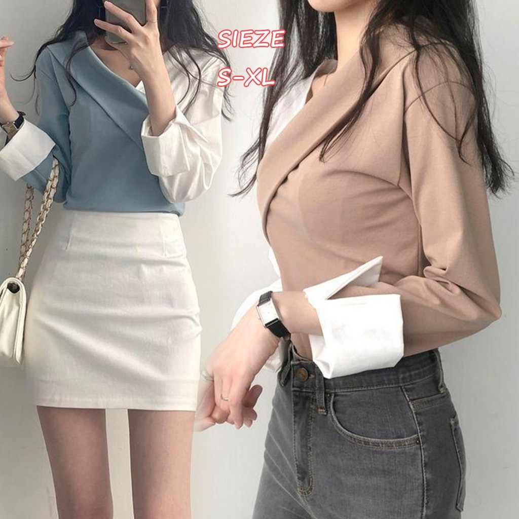 mimi&did#เสื้อเชิ้ตแขนยาวสำหรับผู้หญิง สไตล์ฝรั่งเศส คอวี ดีไซน์เก๋ไก๋ ตัดเย็บด้วยสีตัดกัน ดีไซน์เฉพาะตัว#W483