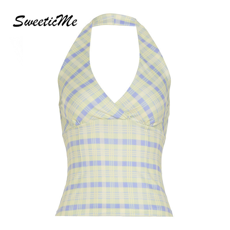 SweeticMe Womens 2025 ใหม่แฟชั่นลายสก๊อต Sweet Slim Fit All Match Halter Tank Tops Camisole
