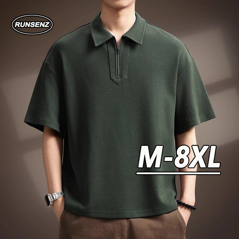 M-8XL เวอร์ชั่นเกาหลีวาฟเฟิลเสื้อโปโลผู้ชายขนาดบวกด้านบนพื้นฐานสบายๆหลวมแขนสั้นเสื้อยืด
