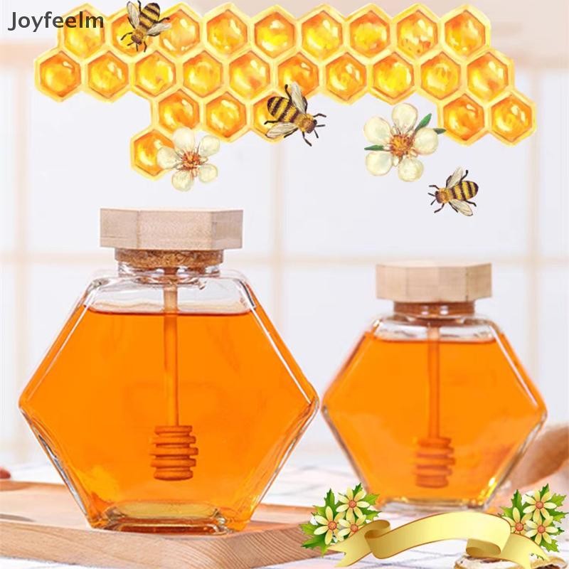 YFE แก้วหกเหลี่ยมขวดน้ําผึ้งไม้หม้อน้ําผึ้งกวน Rod ซีลใส Jam Jar ห้องครัว Home Storage 100ML/220ML/380ML N