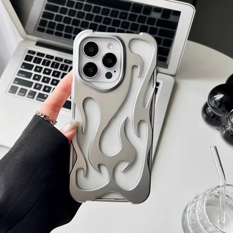 Frosted 3D รูปแบบเปลวไฟ Hollow Slim เคสโทรศัพท์สําหรับ iPhone 11 12 13 14 15 16 17 Pro Max 16e 14 15 16 Plus Hollow การกระจายความร้อนกันกระแทกฝาครอบป้องกัน