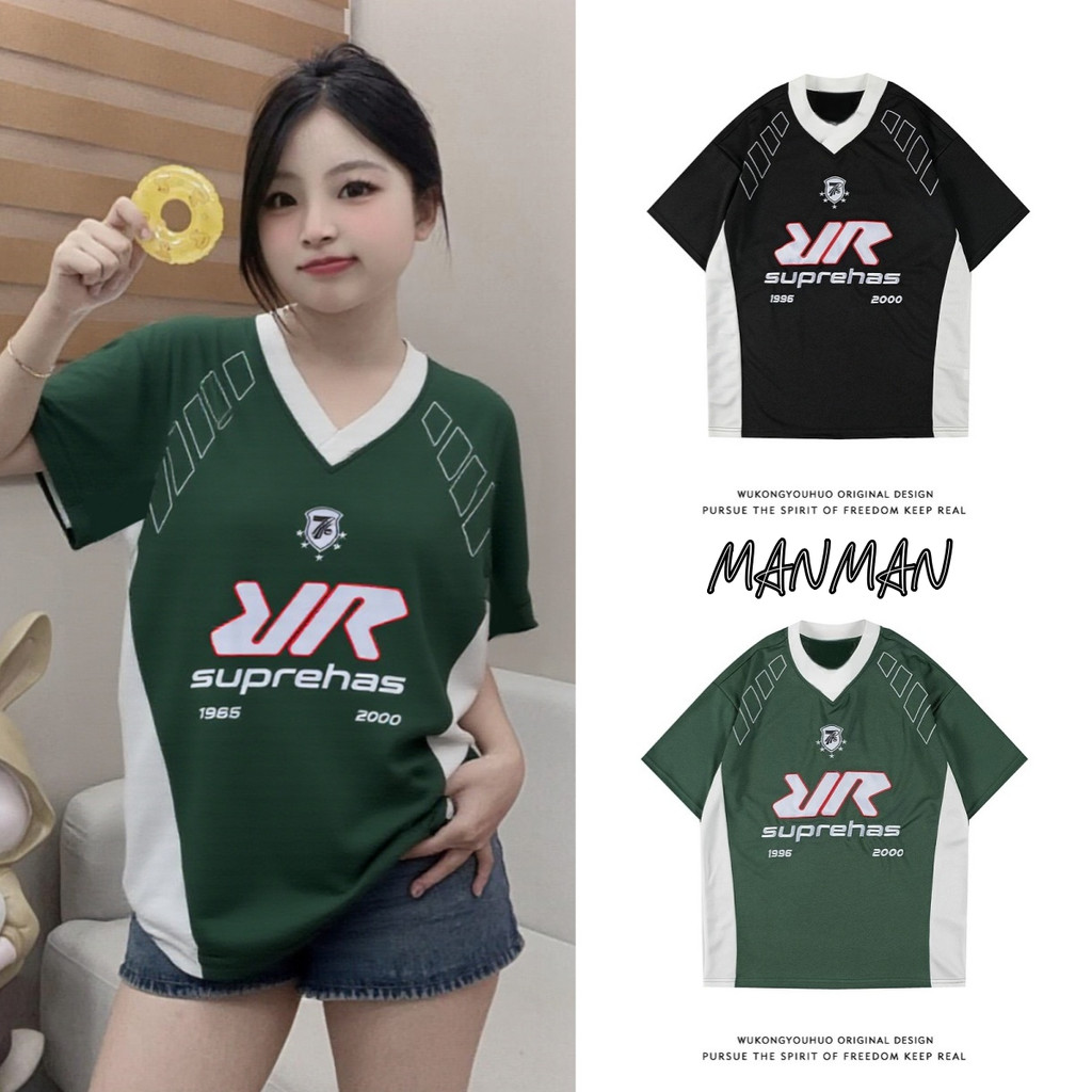 M＆M เสื้อยืดแขนสั้น คอวี แบรนด์แฟชั่นสไตล์อเมริกัน สไตล์สปอร์ต แบบหลวมลำลอง