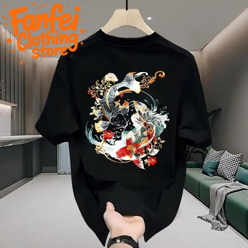 (จัดส่งตลอด 24 ชั่วโมง)Fanfei เสื้อยืดแขนสั้นฤดูร้อนใหม่พิมพ์ลายปลาคราฟวัสดุผ้าฝ้ายแท้ทัน เหมาะสำหรับทั้งชายและหญิง