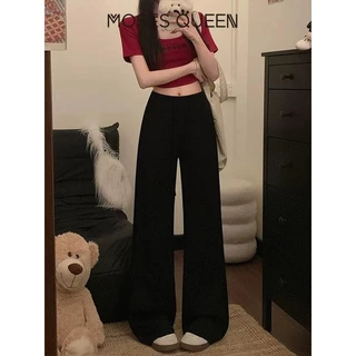 MOSESQUEEN สเปซ คอทเทน กางเกงลําลองหลวม 2025 ฤดูร้อนใหม่กางเกงขากว้างเอวสูง เช็ดพื้น ชั้นสบาย #62984