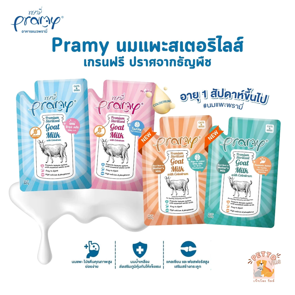 ใหม่! Pramy พรามี่ นมแพะสเตอริไลส์สำหรับสัตว์เลี้ยง แบบซอง เกรนฟรี ปราศจากธัญพืช ขนาด 60g