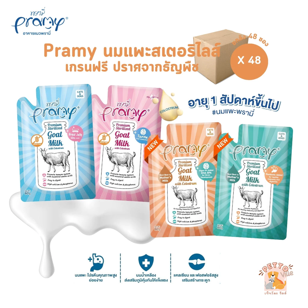 ใหม่! [ยกลัง 48 ซอง] Pramy พรามี่ นมแพะสเตอริไลส์สำหรับสัตว์เลี้ยง แบบซอง เกรนฟรี ปราศจากธัญพืช ขนาด 60g