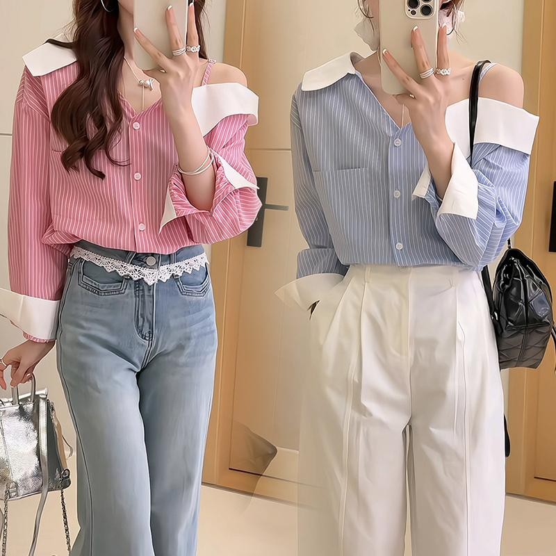 Mimi&Didi#เสื้อเชิ้ตเปิดไหล่ลายทาง พร้อมสายเดี่ยวปรับได้ เสื้อเชิ้ตสีชมพูทรงหลวมติดกระดุมแถวเดียวสำหรับผู้หญิง#99056