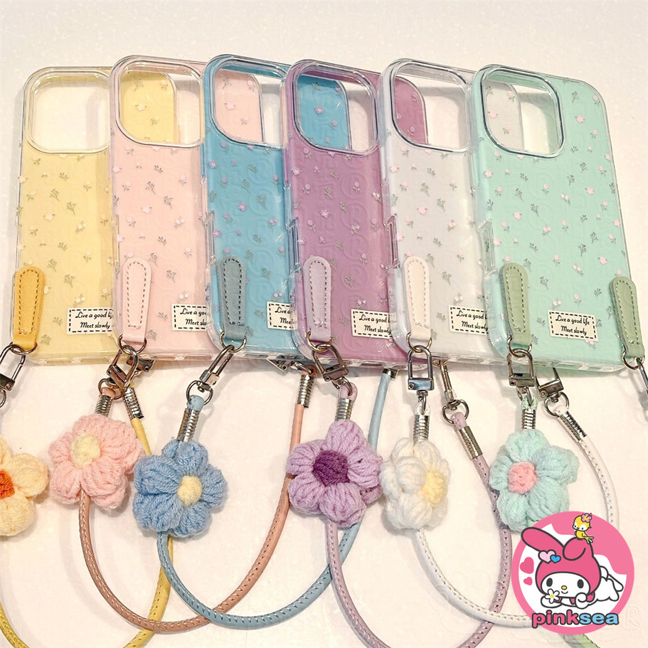 หรูหราGlossyดอกไม้สีลูกกวาด2-in-1เชือกหนังเคสโทรศัพท์เข้ากันได้สําหรับiPhone 17 16 15 14 13 12 11 Pro Max X Xr Xs Max 8 7 6 Plus Insซิลิโคนอ่อนนุ่มป้องกันการตกปลอก