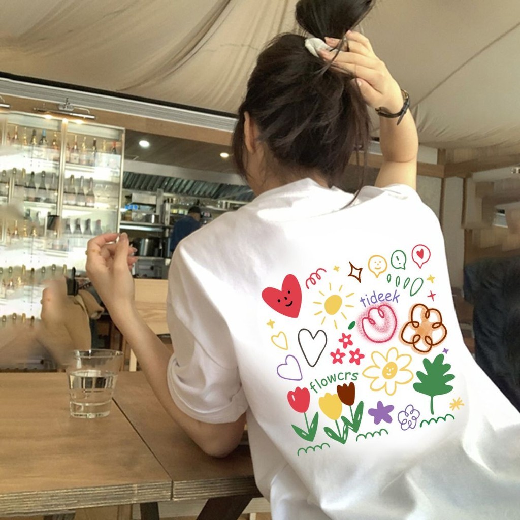 TeeTwoOne เชิ้ตขาว เสื่อแฟชั่น ผู้หญิง T-shirt "FLOWCRS TIDEEK" พิมพ์ลาย ผ้าCOTTON โคตรนุ่ม OVERSIZE เสื้อคอกลม