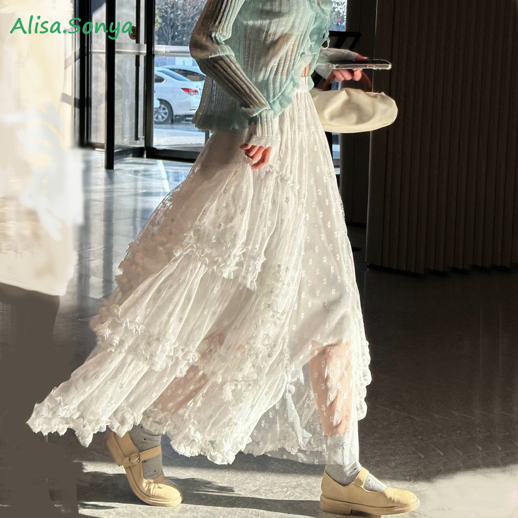 CL|Alisa.Sonya กระโปรงขาว ลูกไม้ ทรงเค้ก พองฟู สไตล์เกาหลี ลำลอง ผู้หญิง 24AS1188