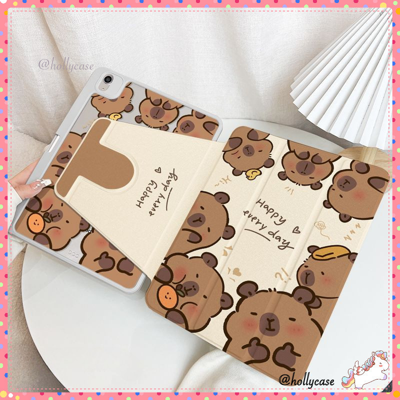 เคสไอแพด 360 ° Rotation Happy Eating Orange Capybara เหมาะสําหรับ อะคริลิค iPad Air6 Gen7/8/9 10.2 Gen5/6 9.7 Air4 Air5 10.9 Pro11 Gen10