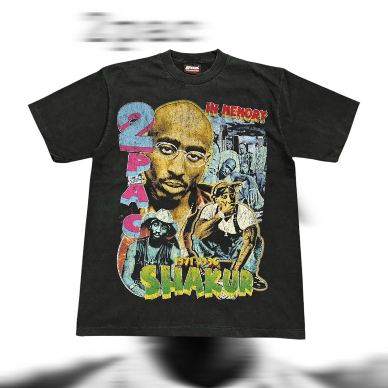 JDD-T SHIRT2PAC เสื้อยืดคอกลมเข้ารูป สีดํา/ดําคล้ํา#DTG((จัดส่งด่วน) ไม่จํากัดเพศ