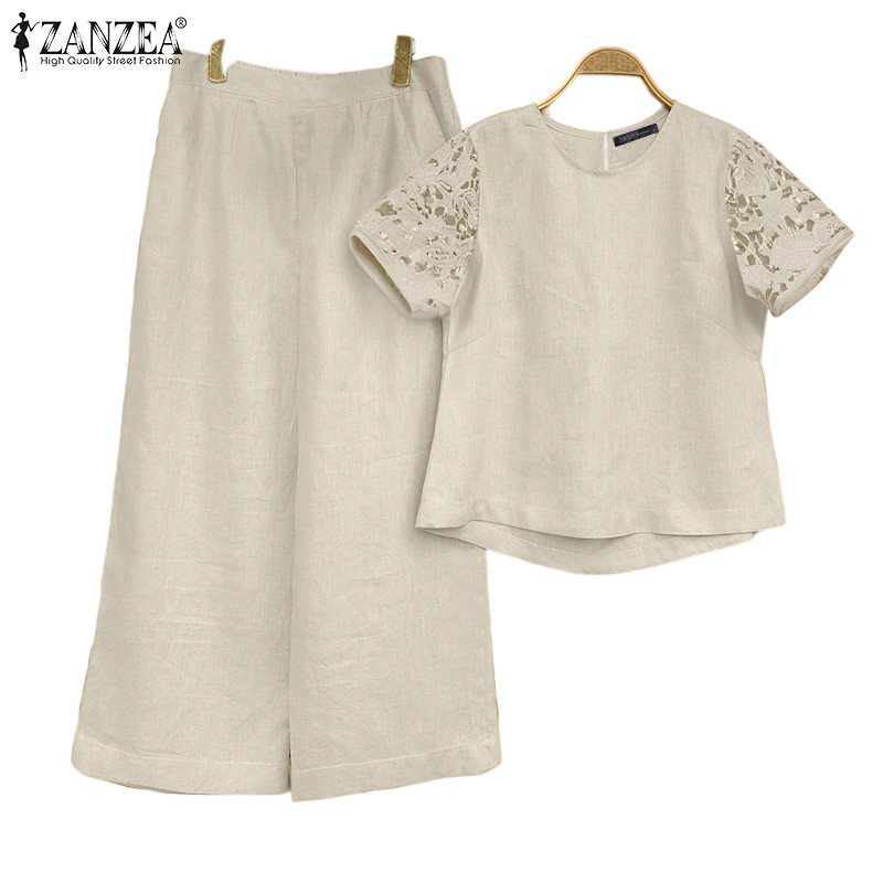 ZANZEA ชุด O-คอแขนสั้นแข็งเกาหลีสําหรับผู้หญิง + กางเกงขากว้าง