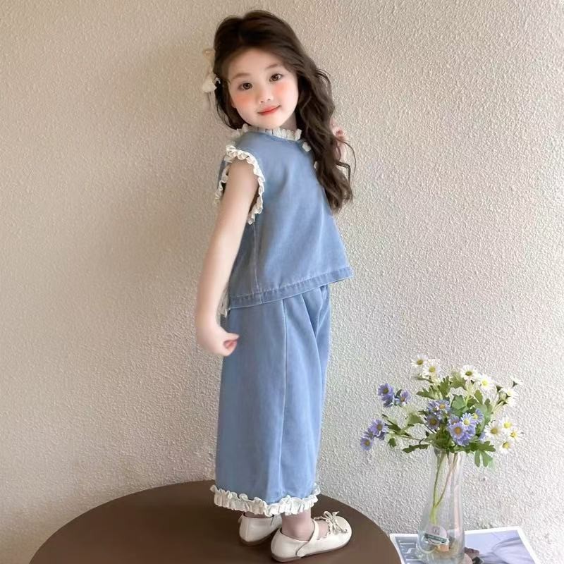 [Aurinko] ชุดเด็กผู้หญิง 1-7ปีหญิงสูทวัสดุผ้ายีนส์แขนกุดสูทเสื้อกั๊กกางเกงขากว้างชุดสองชิ้นสาวผมเสื้อผ้า ราคา ถูกที่สุด ดีลบีเคเค แกลเลอรีภาพที่ 4