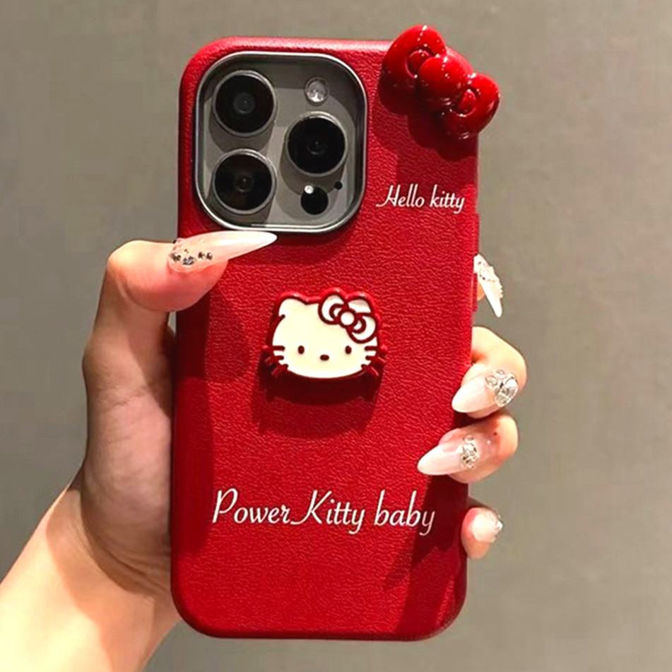 3dการ์ตูนเคสโทรศัพท์สําหรับiphone 16 15 14 13 11 12 Pro Max Plus 15Pro 16Pro 14Pro 13Pro Maxกรณีชุบกล้องน่ารักKTหนังแมวสีแดงBowknot Protectorกันกระแทกนุ่ม3Dฝาครอบ