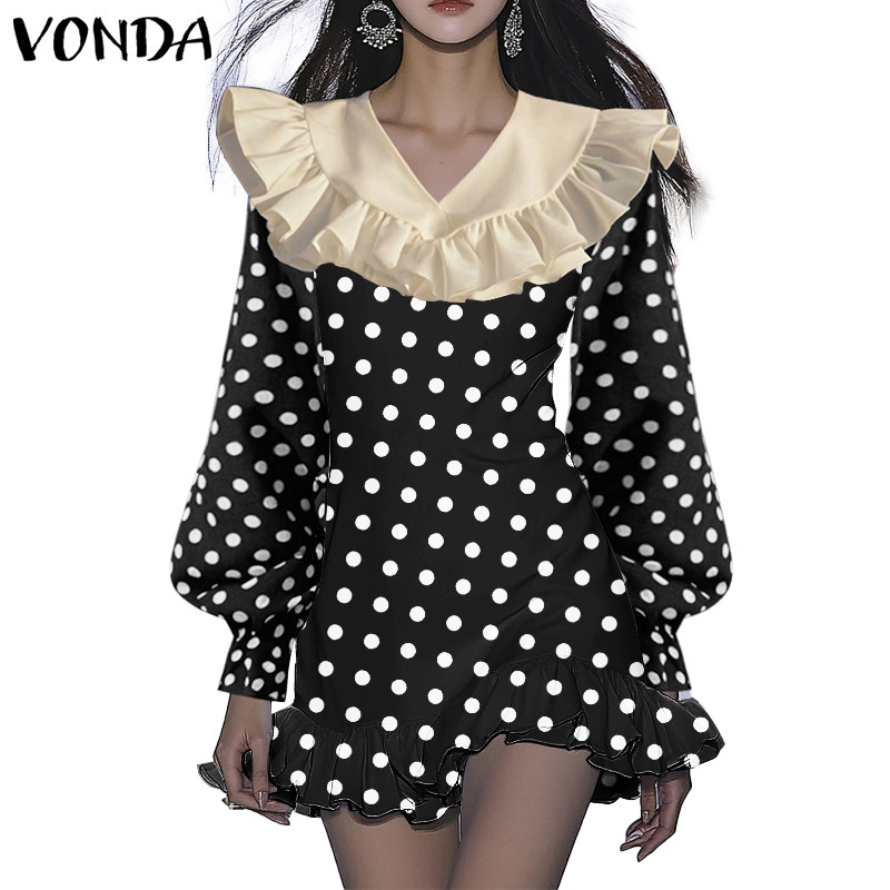 Vonda เสื้อสตรีแฟชั่นเกาหลีสีตัดกันเร้าใจคอวีลายจุดเสื้อแขนยาว