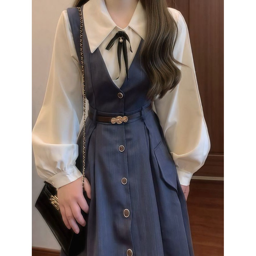 New Age-Reducing Advanced Long-Sleeved Shirt French Dress Artistic College Retro Two-Piece Set Waist-Tight Autumn Vest