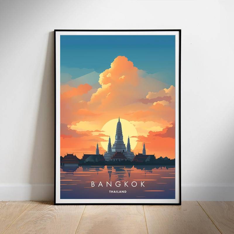 Bangkok Travel Poster Wall Art, ประเทศไทยทันที, แขวนตกแต่ง, ของขวัญบ้านใหม่, ผ้าใบ Wall Art พิมพ์ตกแ