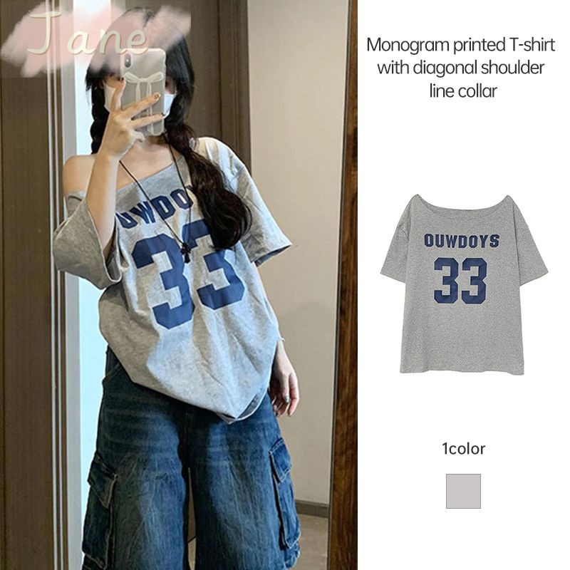สไตล์อเมริกันปิดไหล่เสื้อยืดแขนสั้นผู้หญิงหลวมเสื้อยืดหวานสาวร้อน TOP JN