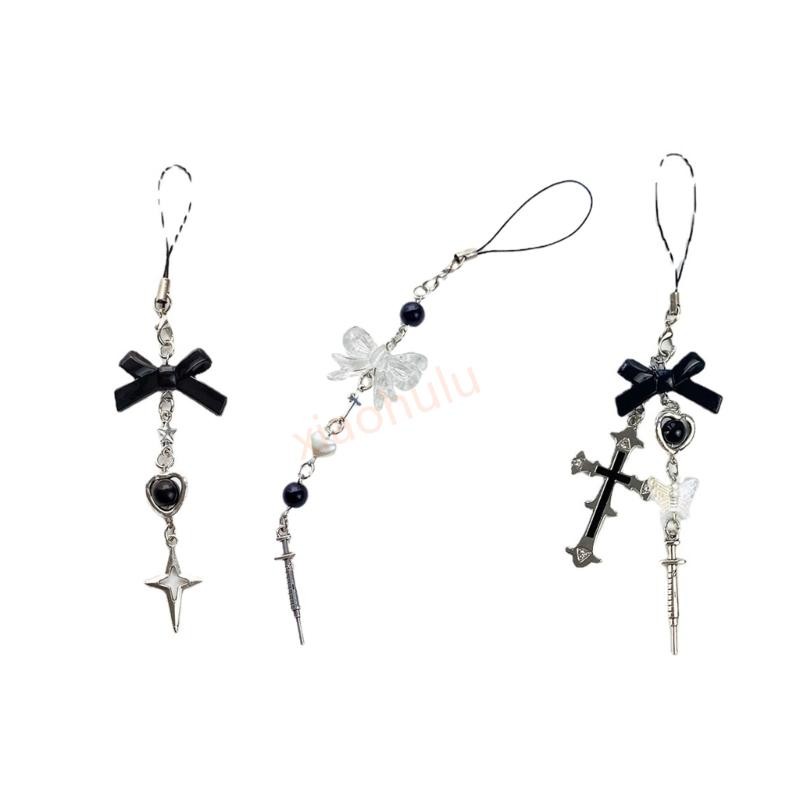 Xhl พวงกุญแจน่ารัก Lanyard String สีดํา Cross-Bow Beaded Chain Lanyard Y2K สําหรับผู้หญิง