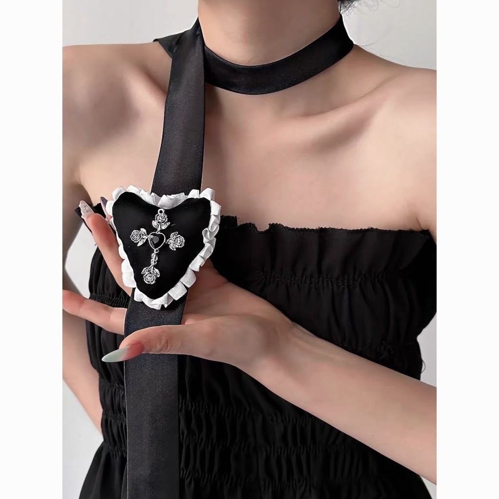 หวานเย็นสาวหัวใจลูกไม้วินเทจกุหลาบดูดีผอมเนคไทยาวปรับสร้อยคอเสื้อกันหนาวโซ่