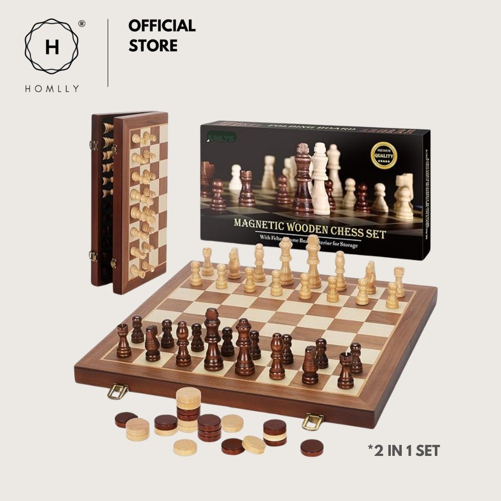 Homlly 2 in 1 Magnetic Wooden Chess & Checkers Board Game Tournament กระดานหมากรุก