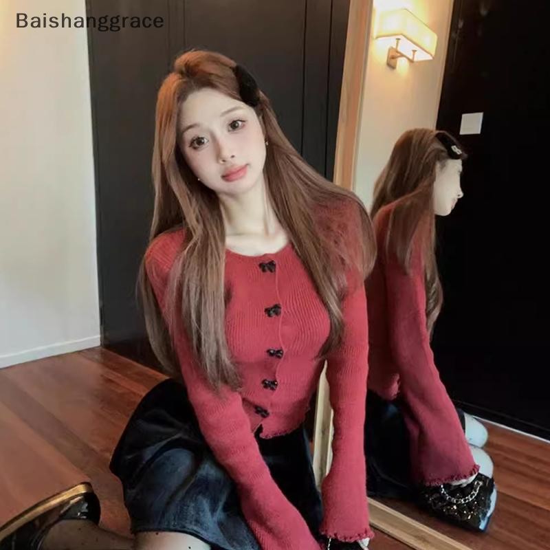 Baishanggrace Vintage Bow Single Breasted ถักผู้หญิงเสื้อสเวตเตอร์ถักเกาหลีแขนยาวผู้หญิงเสื้อกันหนาวญี่ปุ่นหวานฤดูใบไม้ร่วงเสื้อสเวตเตอร์ถัก HHT