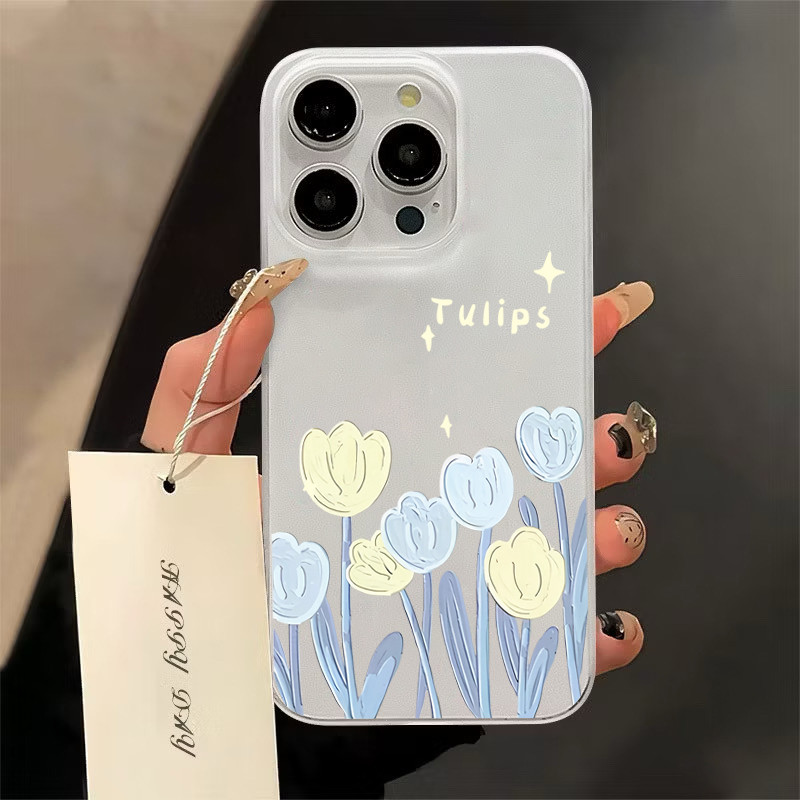 ดอกทิวลิปสีเหลืองและสีฟ้านิ่มกันกระแทก TPU เคสไอโฟน for iPhone 11 12 13 14 15 16Pro Max XR XS X 7/8P