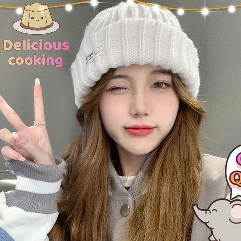 [ทําอาหารแสนอร่อย] หมวกถักฤดูใบไม้ร่วงและฤดูหนาวเวอร์ชั่นเกาหลีหมวกถักหัวใหญ่อเนกประสงค์ [ใหม่]