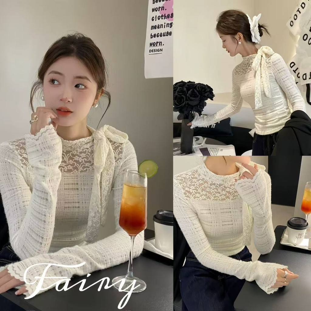 Fariy มีสินค้า เสื้อลูกไม้หวานๆ เสื้อเบลาส์ทรงเข้ารูปทรงเข้ารูป เสื้อลูกไม้คอเต่าครึ่งตัวผูกโบว์เสื้อยืดแขนยาวทรงสลิม