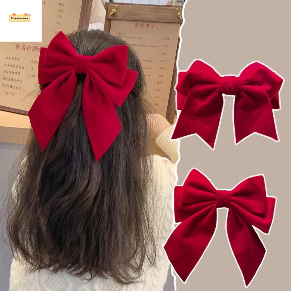 Fitnessfactory กิ๊บติดผมโบว์สีแดง, เครื่องประดับประณีตกิ๊บริบบิ้น, แฟชั่น Headwear Plush Bowknot Tassels Pearl Barrettes สาว