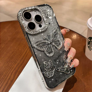 เคสโทรศัพท์ผีเสื้อแวววาวสําหรับ iPhone 16 Pro Max หรูหรา Bling เพชรปลอกชุบโปร่งใสสําหรับ iPhone 13 11 12 14 15 Pro Max Plus ปกอ่อน