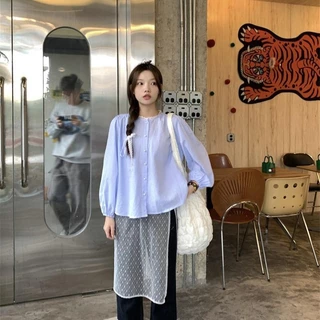 mimi&didi#เสื้อเชิ้ตแขนยาวลายทางหวานน่ารักคอกลมทรงหลวมกระดุมมุกกระดุมแถวเดียว สำหรับผู้หญิง#W531