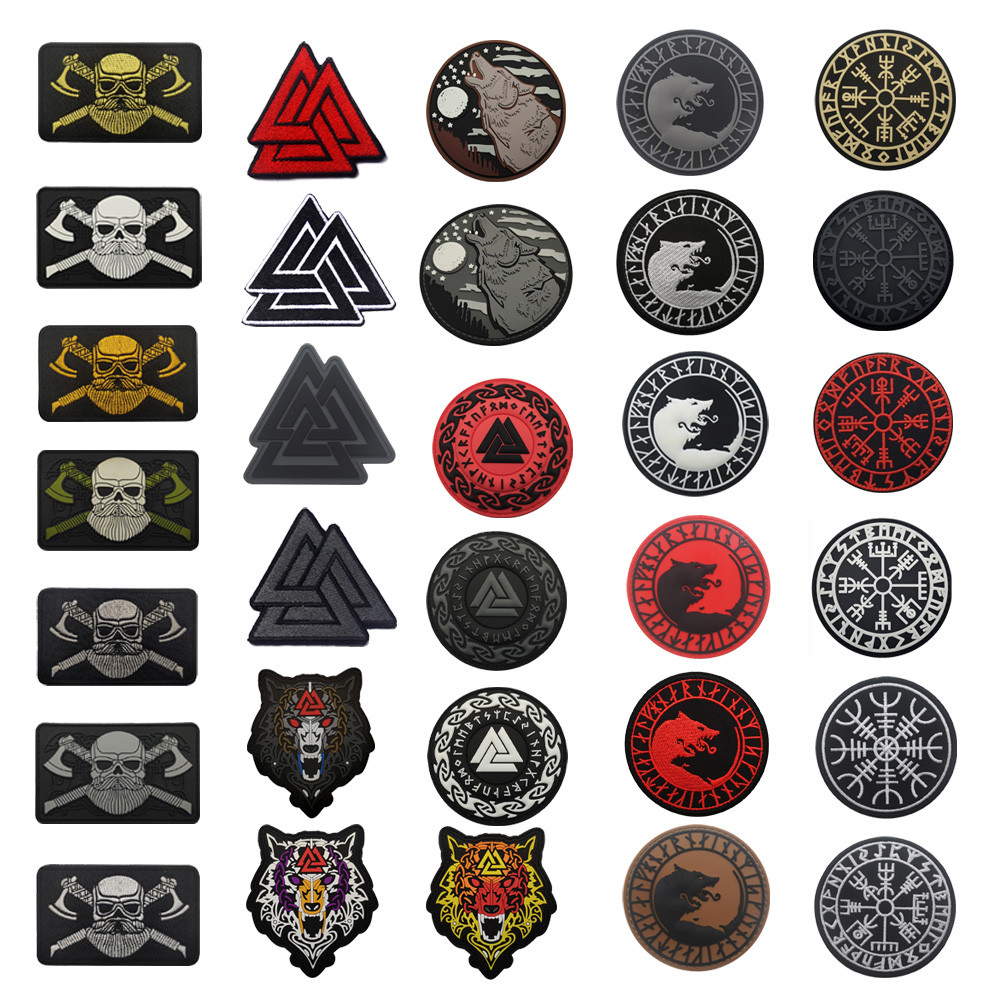 อุปกรณ์เสริมกระเป๋ากลางแจ้งไวกิ้งเข็มทิศเย็บปักถักร้อยแพทช์ Lunawen Odin โลโก้หัวหมาป่า Velcro Badge