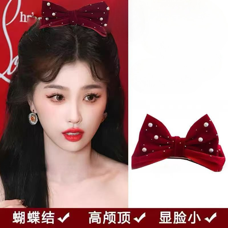 แฮนด์เมดลูกปัดโบว์กํามะหยี่กิ๊บติดผมสามมิติเครื่องประดับผมคลิปด้านบน