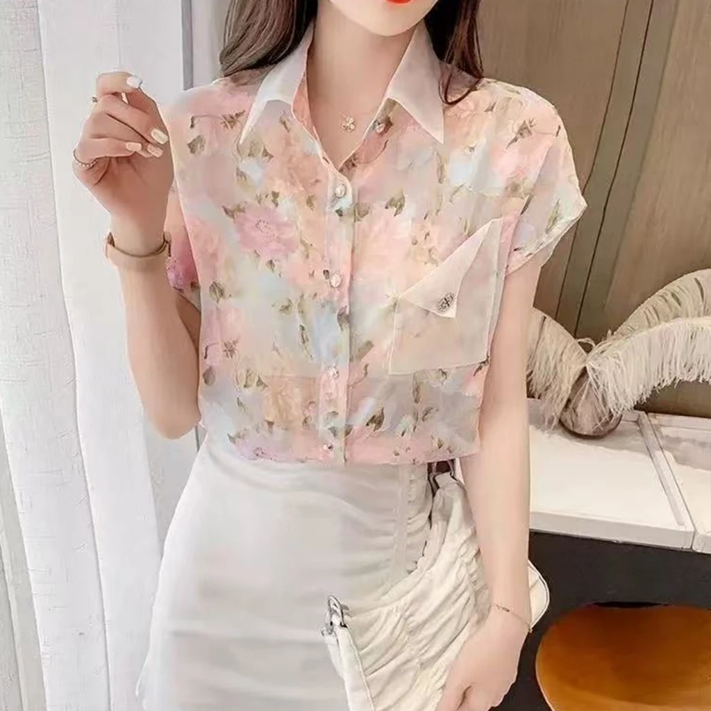 เสื้อเชิ้ตฮาวายคอบัว แขนสั้น ลายดอกไม้ ผ้าชีฟอง thumbnail 6